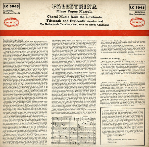 Giovanni Pierluigi da Palestrina - Missa Papae Marcelli / Choral Music From The Lowlands: 15th And 16th Centuries (Vinyl, LP, Mono) Good Plus (G+) / Good Plus (G+)