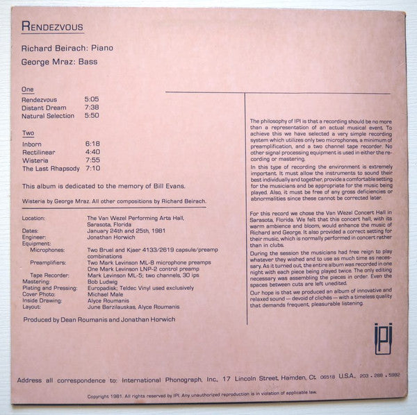 Richard Beirach - Rendezvous (Vinyl, LP) Very Good (VG) / Very Good (VG)