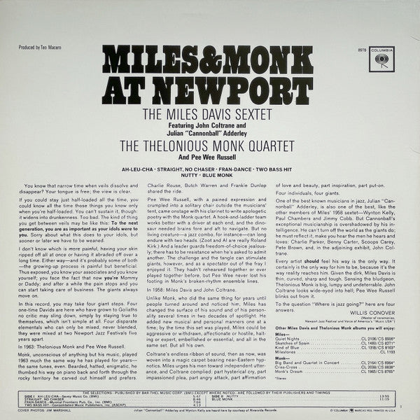 The Miles Davis Sextet - Miles & Monk At Newport (Vinyl, LP, Album, Stereo) Very Good Plus (VG+) / Very Good Plus (VG+)