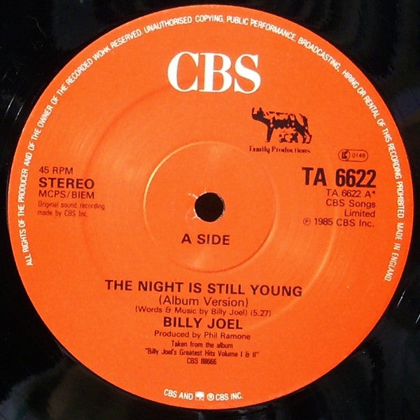 Billy Joel - The Night Is Still Young (Vinyl, 12", Single, 45 RPM) Good Plus (G+) / Very Good Plus (VG+)