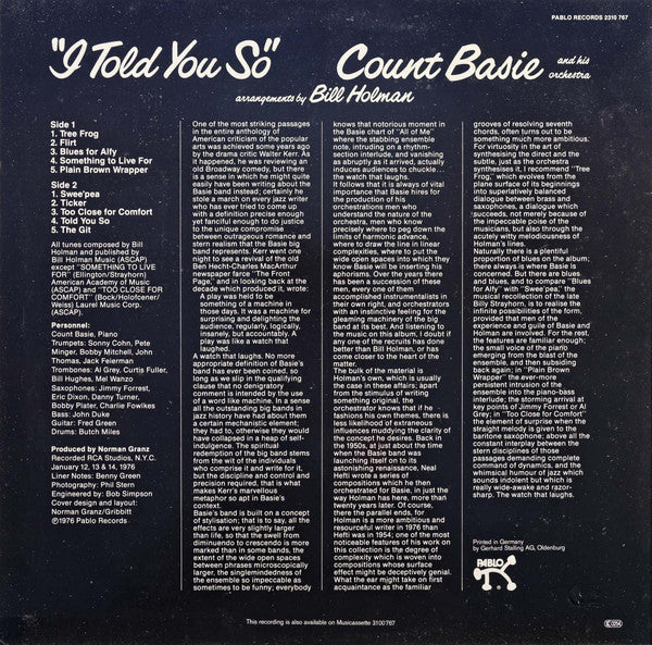Count Basie Orchestra - I Told You So (Vinyl, LP) Very Good Plus (VG+) / Very Good (VG)