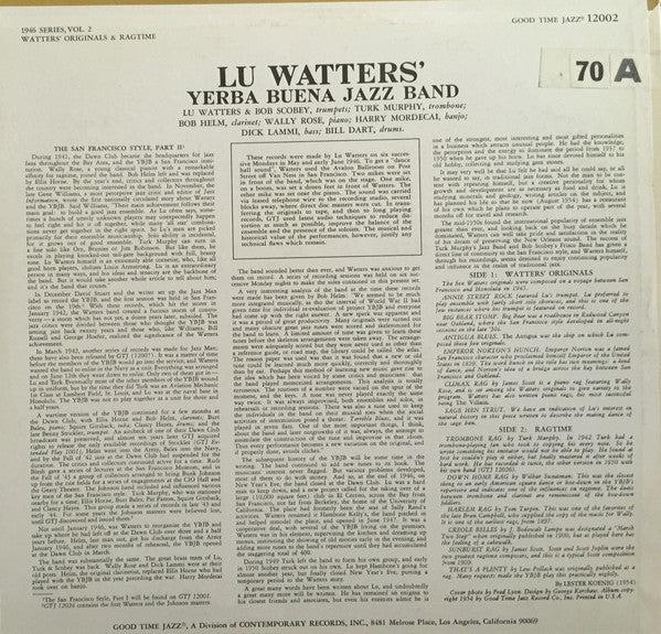 Lu Watters And The Yerba Buena Jazz Band - The San Francisco Style Vol. 2: Watter's Originals & Ragtime (LP, Compilation) - Very Good (VG) / Very Good Plus (VG+)
