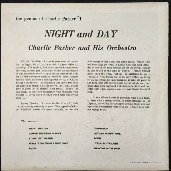 Charlie Parker And His Orchestra - Night And Day (Vinyl, LP, Compilation, Reissue, Mono) Very Good Plus (VG+) / Good Plus (G+)
