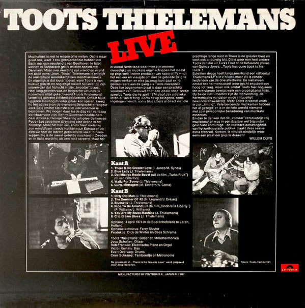 Toots Thielemans - Live (Vinyl, LP, Album) Near Mint (NM or M-) / Very Good Plus (VG+)