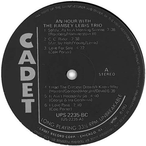 The Ramsey Lewis Trio - An Hour With The Ramsey Lewis Trio (Vinyl, LP, Album, Stereo, Reissue) Very Good Plus (VG+) / Very Good (VG)