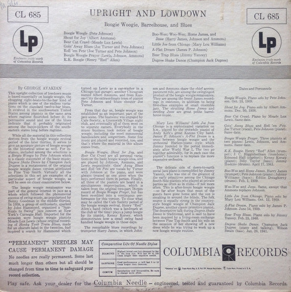 Various - Upright And Lowdown "Boogie Woogie, Barrelhouse, And Blues" (Vinyl, LP, Album, Compilation) Good Plus (G+) / Fair (F)