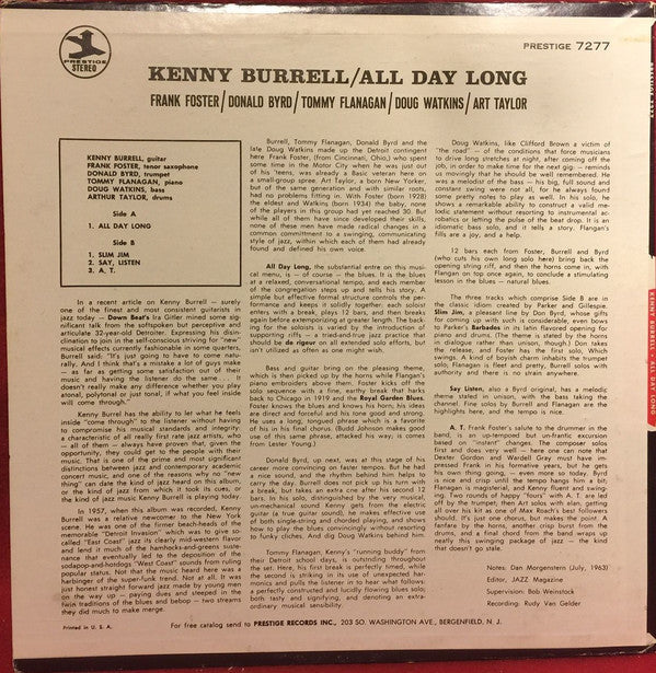Kenny Burrell - All Day Long (Vinyl, LP, Album, Reissue, Remastered, Stereo) Very Good Plus (VG+) / Good Plus (G+)