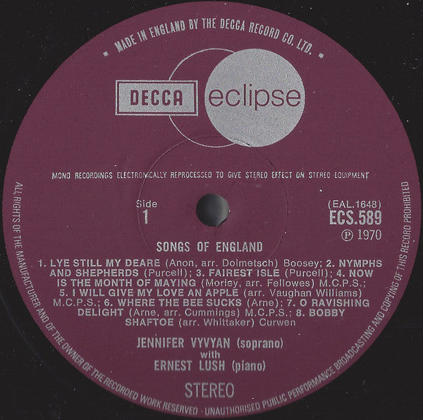 Jennifer Vyvyan - Songs Of England (Vinyl, LP, Reissue, Remastered, Stereo) Very Good (VG) / Very Good (VG)