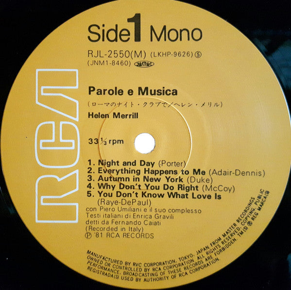 Helen Merrill - Parole E Musica (Vinyl, Mono, LP, Album, Reissue) Very Good Plus (VG+) / Very Good (VG)
