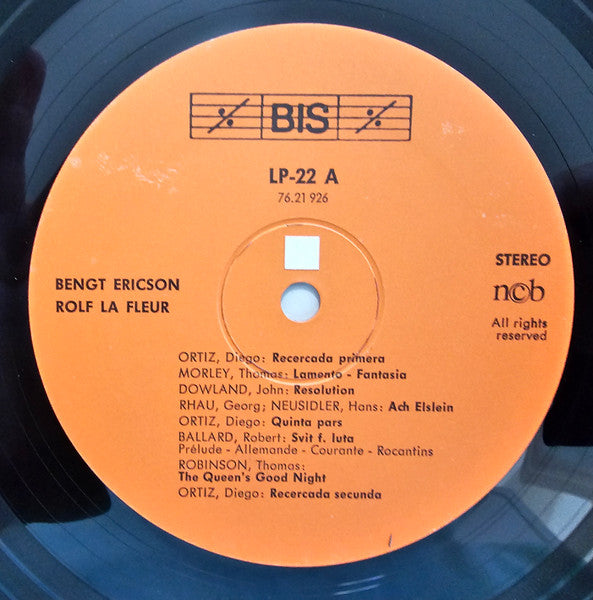 Bengt Ericson - Ortiz, Morley, Dowland, Rauh, Newsidler, Ballard, Robinson, Abel, De Caix D'Hervelois (Vinyl, LP, Reissue, Stereo) Very Good (VG) / Very Good Plus (VG+)
