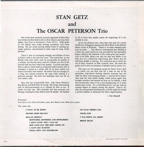 Stan Getz - Stan Getz And The Oscar Peterson Trio (Vinyl, LP, Album, Reissue, Mono) Very Good Plus (VG+) / Very Good Plus (VG+)