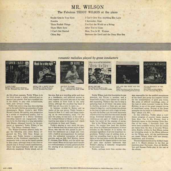 Teddy Wilson - Mr. Wilson (The Fabulous Teddy Wilson At The Piano) (Vinyl, LP, Compilation, Reissue, Mono) Very Good Plus (VG+) / Very Good (VG)