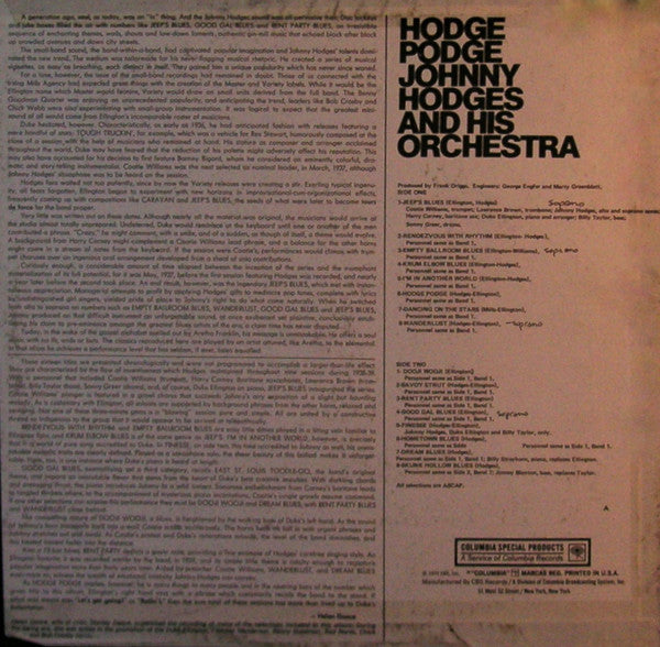 Johnny Hodges And His Orchestra - Hodge Podge (Vinyl, LP, Compilation, Reissue) Very Good Plus (VG+) / Very Good (VG)