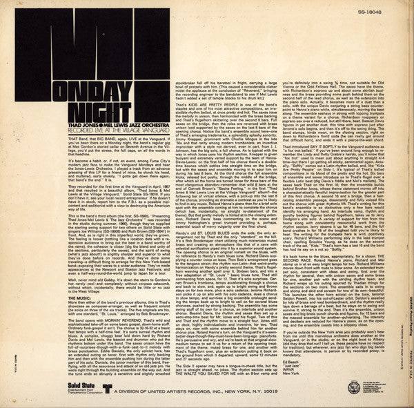 Thad Jones / Mel Lewis Orchestra - Monday Night (Vinyl, LP, Album) Good Plus (G+) / Very Good Plus (VG+)