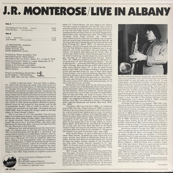 JR Monterose - Live In Albany (Vinyl, LP, Album) Near Mint (NM or M-) / Very Good Plus (VG+)