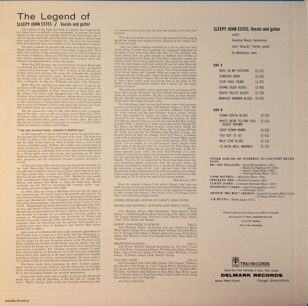 Sleepy John Estes - The Legend Of Sleepy John Estes (Vinyl, LP, Album, Reissue, Stereo) Very Good Plus (VG+) / Very Good Plus (VG+)