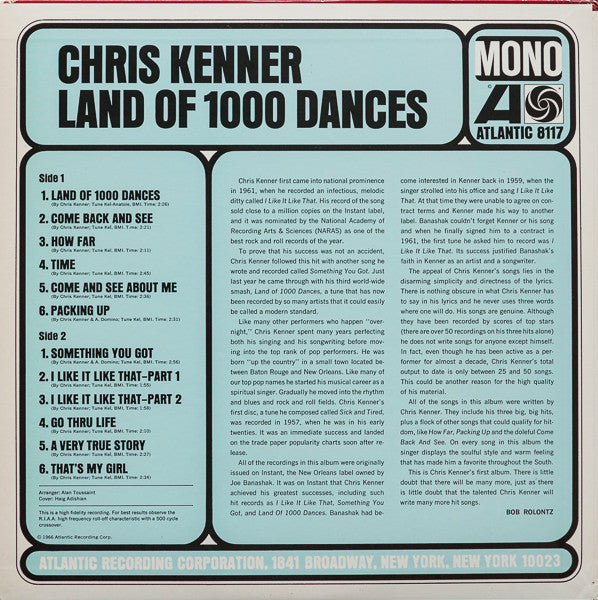 Chris Kenner - Land Of 1000 Dances (Vinyl, LP, Album, Compilation, Reissue, Mono) Near Mint (NM or M-) / Very Good Plus (VG+)