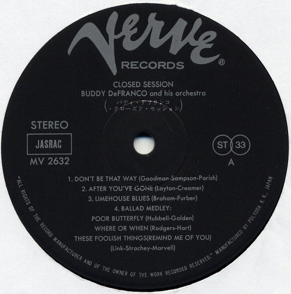 Buddy DeFranco And His Orchestra - Closed Session (Vinyl, LP, Album, Reissue) Very Good Plus (VG+) / Very Good Plus (VG+)