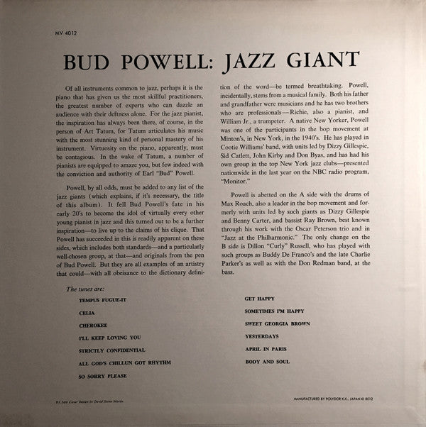 Bud Powell - Jazz Giant (Vinyl, LP, Album, Reissue, Mono)