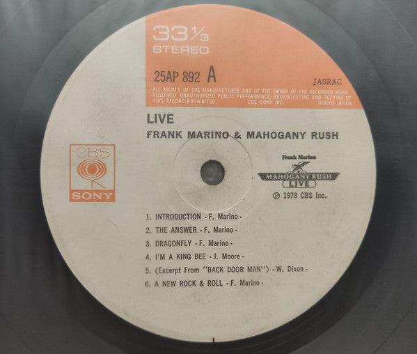 Frank Marino - Live (Vinyl, LP, Album) Very Good Plus (VG+) / Very Good (VG)