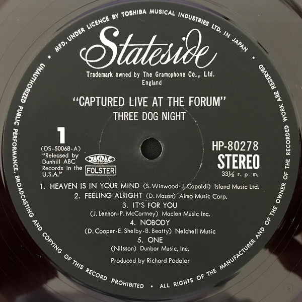 Three Dog Night - Captured Live At The Forum (Vinyl, LP, Album, Stereo) Very Good Plus (VG+) / Very Good (VG)