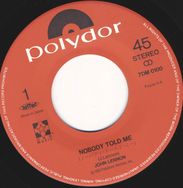 John Lennon - Nobody Told Me (Vinyl, 7", Single, 45 RPM) Very Good Plus (VG+) / Very Good Plus (VG+)