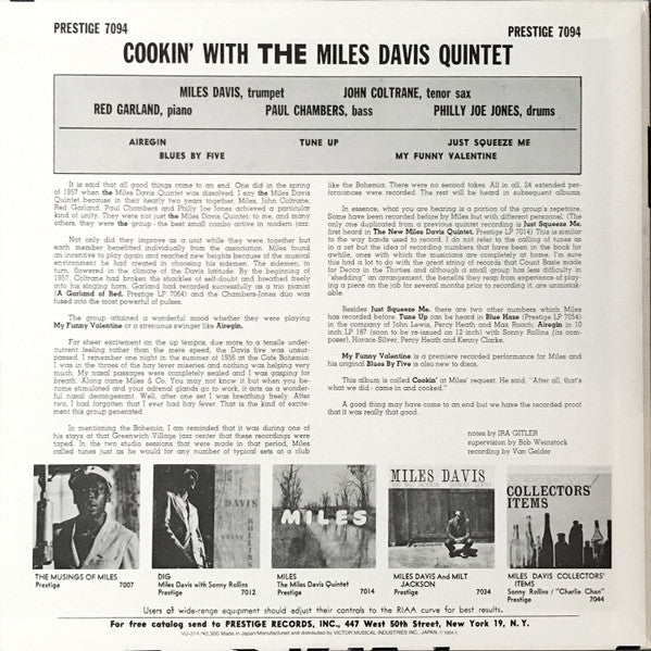 The Miles Davis Quintet - Cookin' With The Miles Davis Quintet (Vinyl, LP, Album, Mono, Reissue) Very Good Plus (VG+) / Very Good (VG)