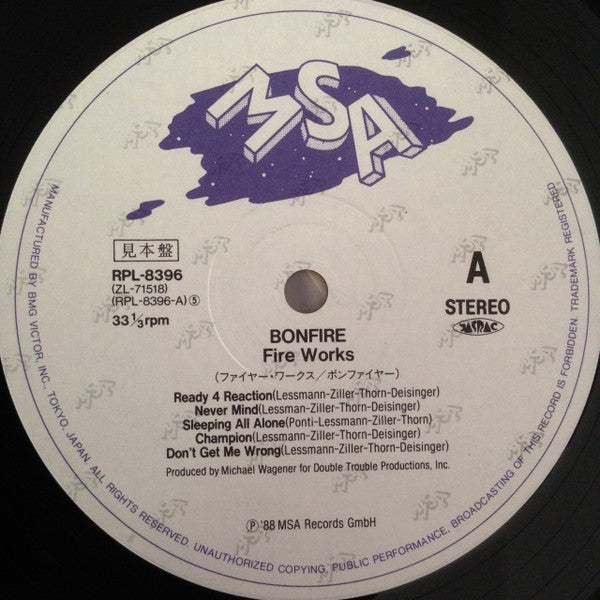 Bonfire - Fire Works (Vinyl, LP, Album, Promo) Very Good Plus (VG+) / Very Good (VG)