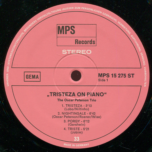 The Oscar Peterson Trio - Tristeza On Piano (Vinyl, LP, Album) Very Good Plus (VG+) / Good (G)
