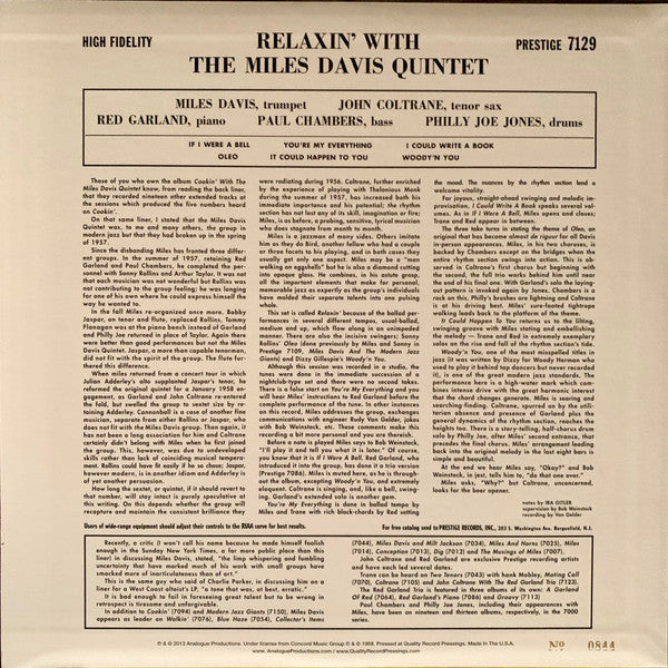 The Miles Davis Quintet - Relaxin' With The Miles Davis Quintet (Vinyl, LP, Album, Mono, Reissue, Limited Edition) Near Mint (NM or M-) / Near Mint (NM or M-)