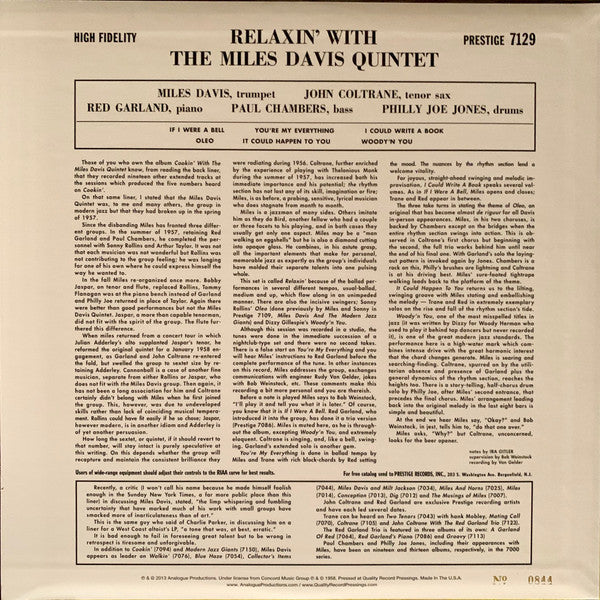 The Miles Davis Quintet - Relaxin' With The Miles Davis Quintet (Vinyl, LP, Album, Mono, Reissue, Limited Edition) Very Good Plus (VG+) / Near Mint (NM or M-)