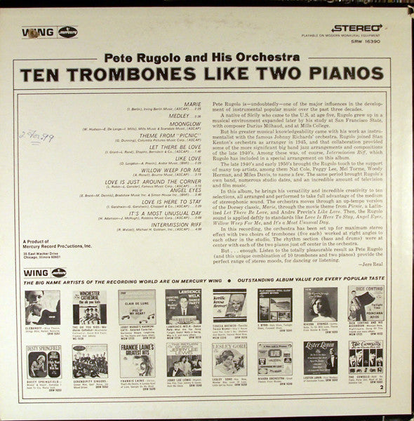 Pete Rugolo Orchestra - Ten Trombones Like Two Pianos (Vinyl, LP, Album, Reissue, Stereo) Very Good (VG) / Good Plus (G+)