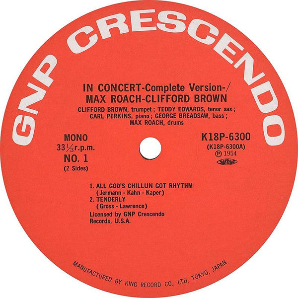 Clifford Brown And Max Roach - In Concert -Complete Version- (Vinyl, LP, Album, Mono) Very Good Plus (VG+) / Very Good (VG)