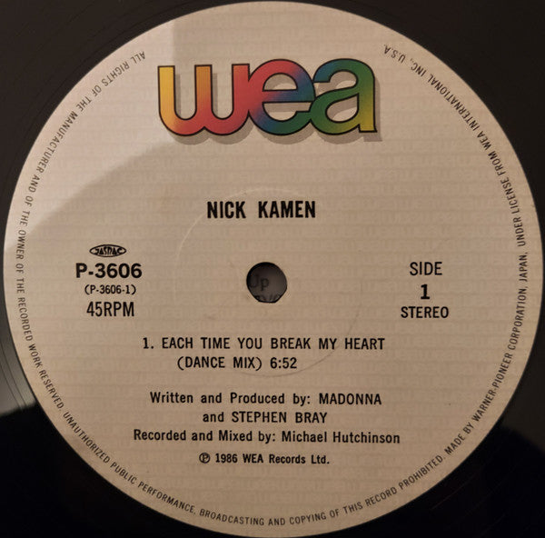 Nick Kamen - Each Time You Break My Heart (Vinyl, 12", 45 RPM, Stereo)