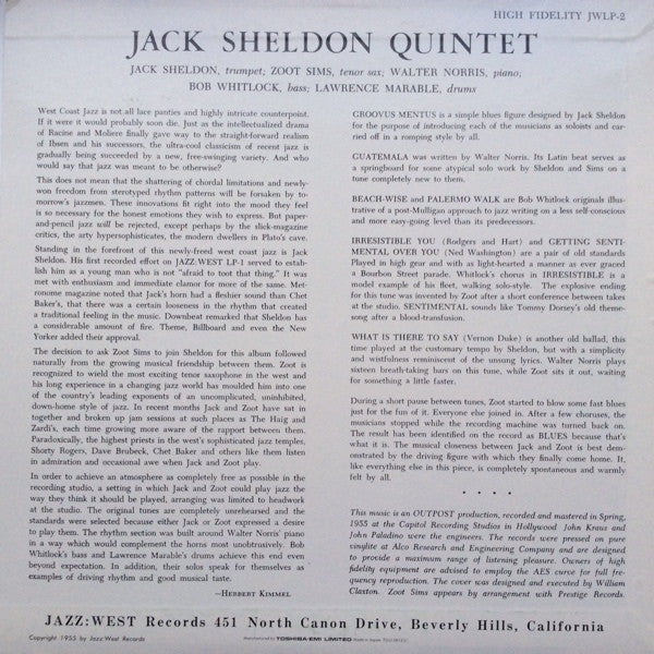 Jack Sheldon Quintet - Jack Sheldon Quintet (Vinyl, LP, Album, Limited Edition, Reissue, Mono) Very Good Plus (VG+) / Very Good (VG)