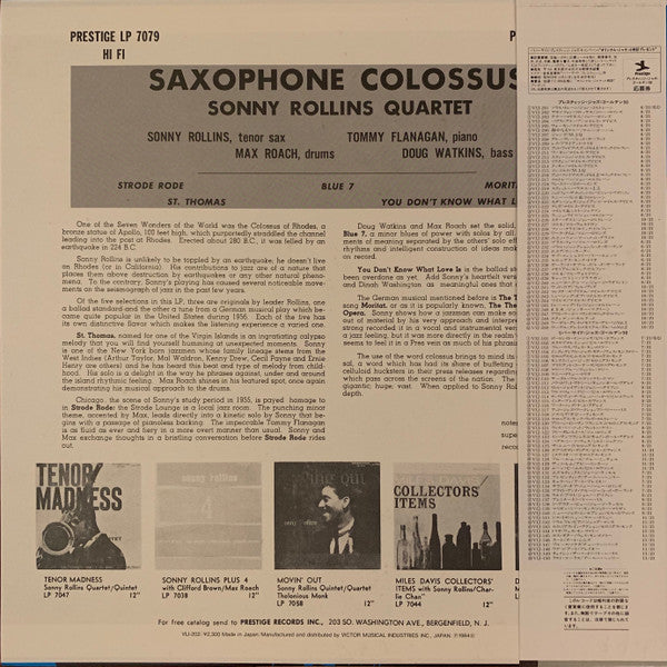 Sonny Rollins - Saxophone Colossus (Vinyl, LP, Album, Reissue, Mono)