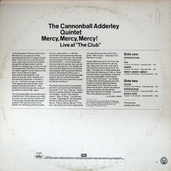 The Cannonball Adderley Quintet - Mercy, Mercy, Mercy! Live At "The Club" (Vinyl, LP, Album, Reissue) Good Plus (G+) / Very Good Plus (VG+)