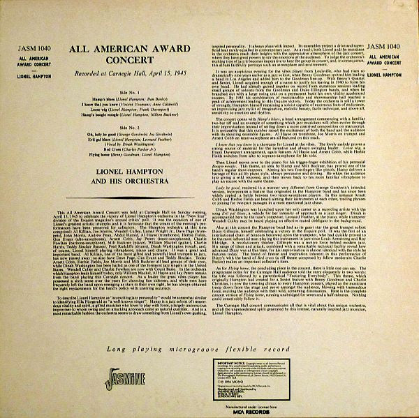 Lionel Hampton And His Orchestra - All American Award Concert (Vinyl, LP, Album, Mono, Reissue) Very Good Plus (VG+) / Very Good Plus (VG+)