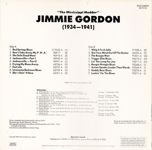 Jimmie Gordon - 1934-1941 ("The Mississippi Mudder") (Vinyl, LP, Compilation, Limited Edition, Remastered, Mono) Very Good Plus (VG+) / Very Good Plus (VG+)