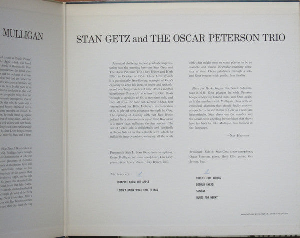 Stan Getz - Stan Getz And Gerry Mulligan / Stan Getz And The Oscar Peterson Trio (Vinyl, LP, Album, Reissue, Mono) Near Mint (NM or M-) / Very Good (VG)