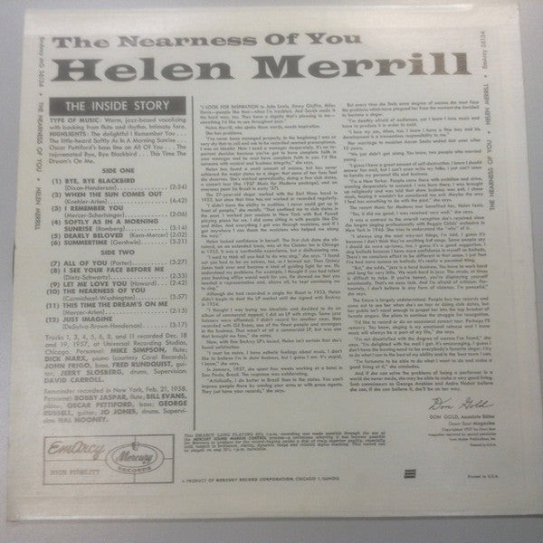Helen Merrill - The Nearness Of You (Vinyl, LP, Album, Reissue, Mono)