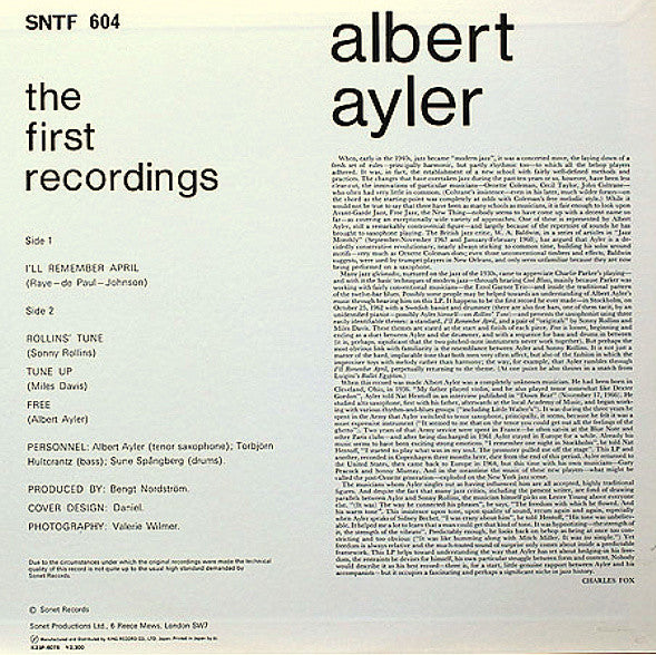 Albert Ayler - The First Recordings (Vinyl, LP, Album, Reissue) Very Good Plus (VG+) / Very Good Plus (VG+)