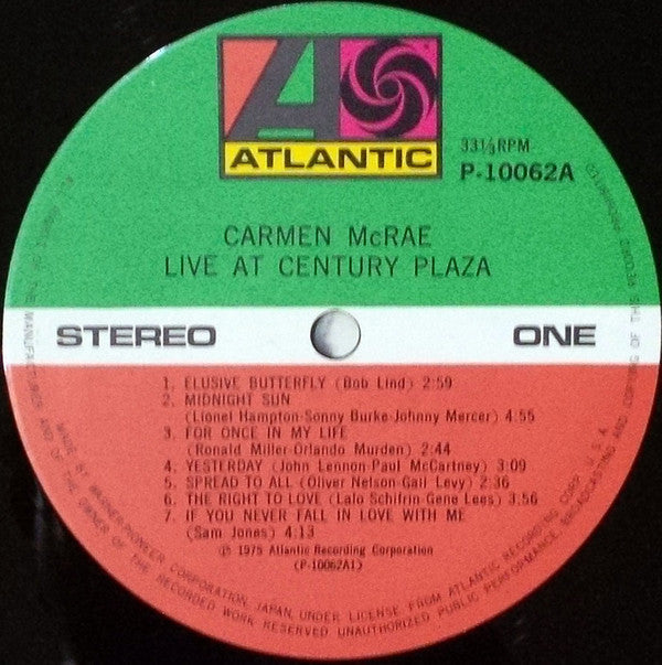 Carmen McRae - Live At Century Plaza (Vinyl, LP, Album, Stereo) Near Mint (NM or M-) / Very Good Plus (VG+)