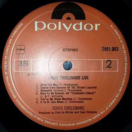 Toots Thielemans - Live (Vinyl, LP, Album) Very Good Plus (VG+) / Very Good (VG)