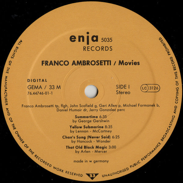 Franco Ambrosetti - Movies (Vinyl, LP, Album, Stereo) Very Good Plus (VG+) / Very Good (VG)
