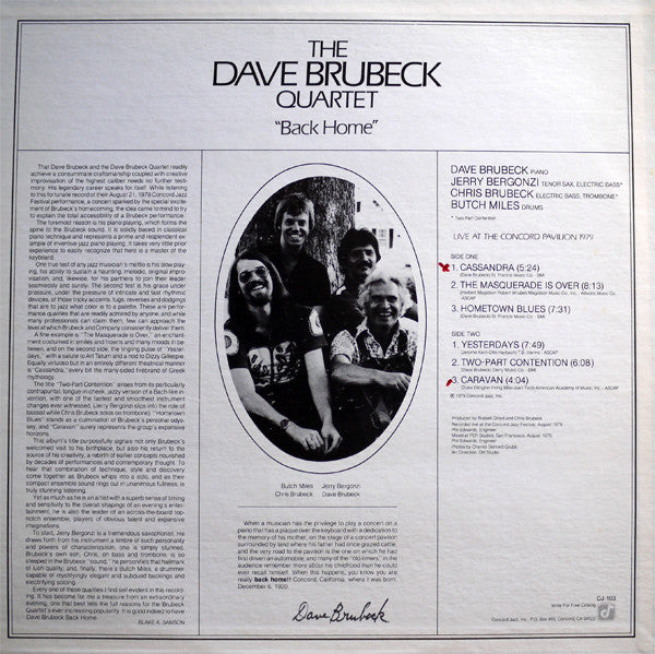 The Dave Brubeck Quartet - Back Home (Vinyl, LP, Album, Stereo) Very Good Plus (VG+) / Very Good Plus (VG+)