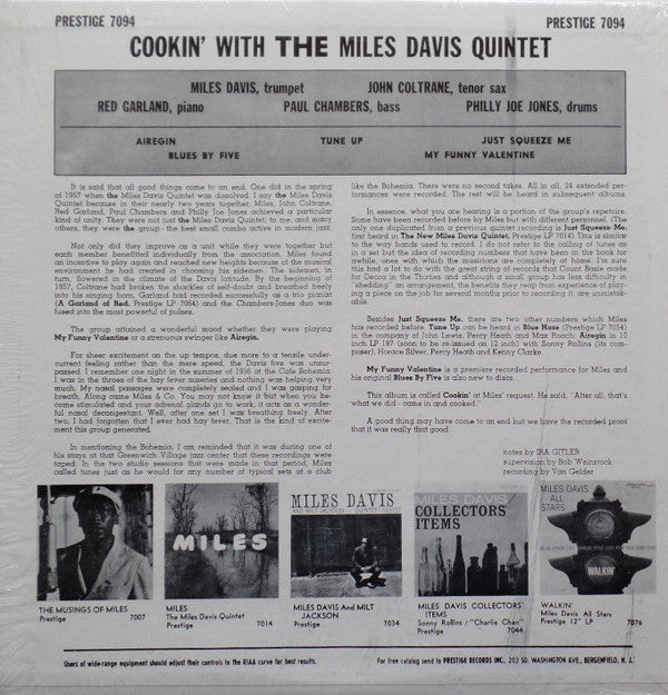The Miles Davis Quintet - Cookin' With The Miles Davis Quintet (Vinyl, LP, Album, Reissue, Mono) Good Plus (G+) / Very Good Plus (VG+)