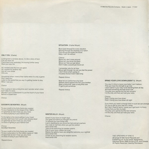 Yazoo - Upstairs At Eric's (Vinyl, LP, Album) Good Plus (G+) / Good Plus (G+)