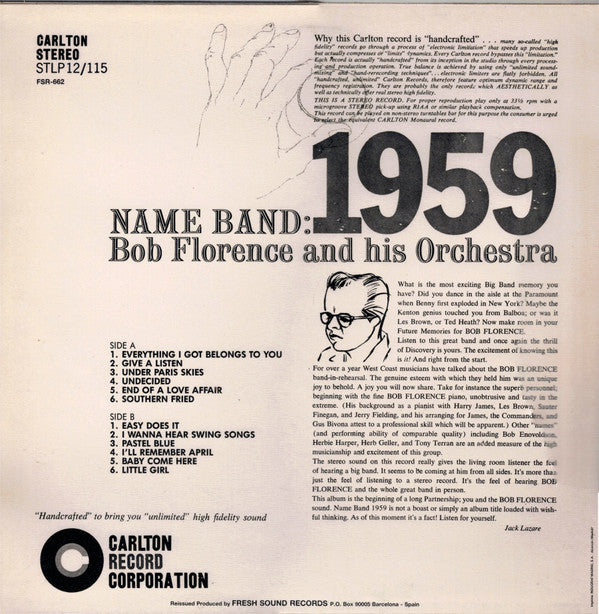 Bob Florence And His Orchestra - Name Band: 1959 (Vinyl, LP, Album, Reissue) Very Good (VG) / Good Plus (G+)