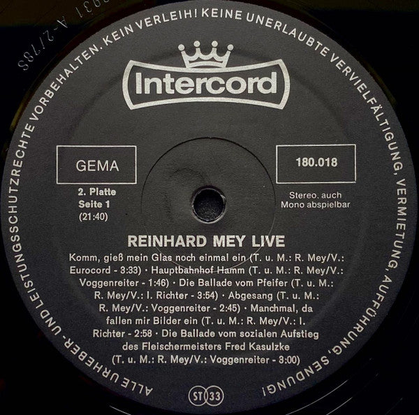 Reinhard Mey - Live (2xVinyl, LP, Album) Very Good Plus (VG+) / Very Good (VG)